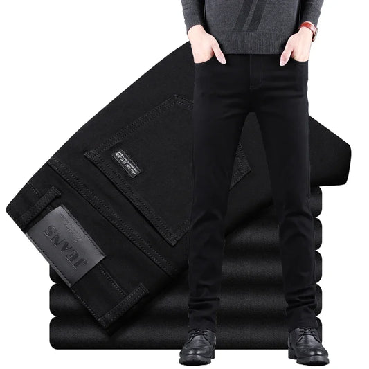 Men's Pure Black Slim Jeans Elastic Straight Pants Business Fashion